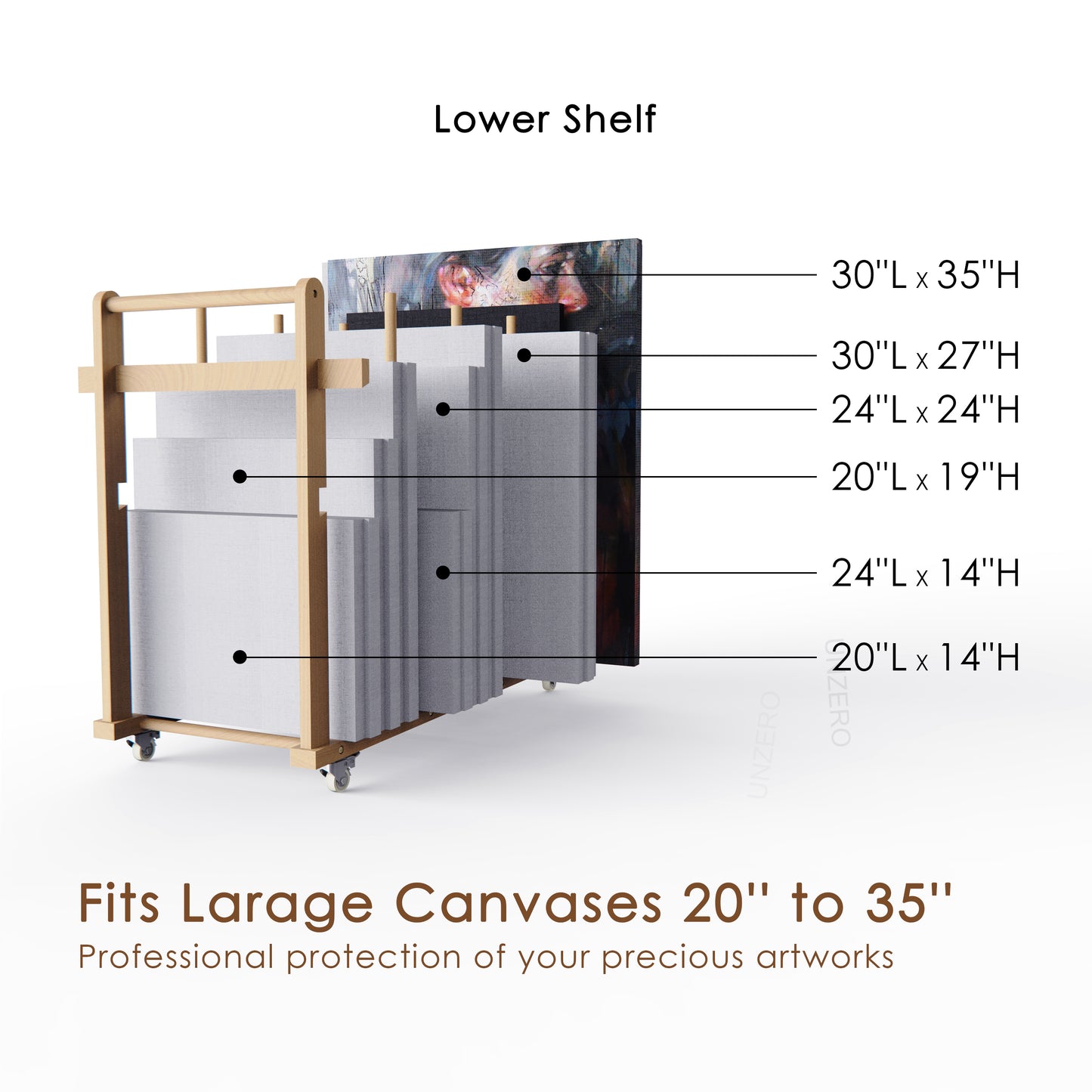 UNZERO 2-tier Art Canvas Storage rack with Handle & Caster Wheels for Large Framed Art Drawing Board